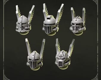 May include: A set of five grey miniature helmets labeled Heads 3, each featuring prominent vertical wings on the sides. The helmets display various faceplate designs, including grilles, rivets, and a cross emblem, all rendered in a matte finish.