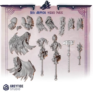 Könnte beinhalten: Ein Big Armor Hero Pack Set aus unbemalten grauen Resin-Miniaturteilen, bestehend aus Schulterpanzern, zwei bärtigen Kopfskulpturen, einem dekorativen Banner, Handschuhen, einem fellbesetzten Umhang, einem Umhang, zwei totenkopfverzierten Stäben, einem Hammer und einem Streitkolben.