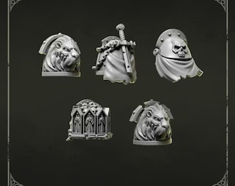 May include: Five grey miniature shoulder pads featuring detailed relief designs including lion heads, a sword with chains, a skull, and a gothic arch structure with figures. The text Shoulderpads 1 and Greytide Studio is visible.