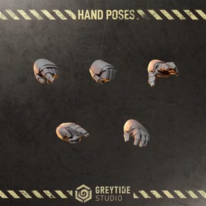 May include: Five grey, sculpted hand models in various poses, including a fist, pointing, and grasping gestures. The text HAND POSES appears at the top, and the GREYTIDE STUDIO logo is at the bottom against a dark, textured background.