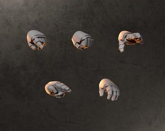 May include: Five grey, sculpted hand models in various poses, including a fist, pointing, and grasping gestures. The text HAND POSES appears at the top, and the GREYTIDE STUDIO logo is at the bottom against a dark, textured background.