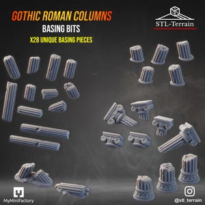 May include: A collection of 28 grey resin miniature basing bits featuring Gothic Roman columns. The set includes various column segments, broken pillars, and ornate capitals with detailed fluting and architectural textures for tabletop gaming.