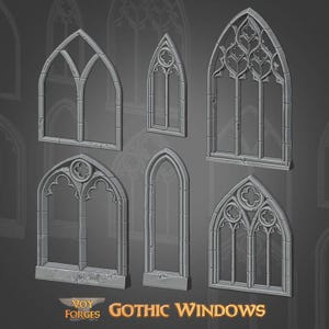May include: Six grey Gothic window frames with detailed tracery and pointed arches. The windows are in various sizes and shapes. The text "VOY FORGES GOTHIC WINDOWS" is displayed at the bottom of the image.