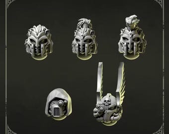 May include: A set of five grey miniature resin heads labeled Heads 5 and Greytide Studio. The collection includes three helmeted heads with crests, one hooded head with a mechanical eye and grille mask, and one winged helmet featuring a skull emblem.