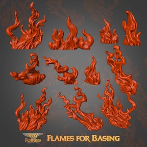 Puede incluir: Un conjunto de llamas estilizadas de color naranja-rojizo en varias formas, diseñadas para modelismo. Las llamas están dispuestas sobre un fondo oscuro. El texto "VOY FORGES" y "FLAMES FOR BASING" es visible en la parte inferior.