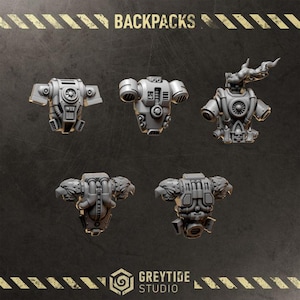 May include: Five grey resin miniature backpacks for tabletop gaming figures. The designs include mechanical vents, turbine details, eagle motifs, and a skull emblem with smoke effects. The text BACKPACKS and GREYTIDE STUDIO is visible.