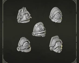 May include: A set of five grey miniature shoulder pads featuring intricate sculpted details including skulls, a lion head, candles, and winged emblems. The text Shoulderpads 4 and Greytide Studio is visible at the top and bottom of the frame.
