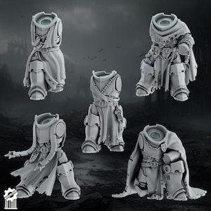 May include: Five unpainted grey resin miniature torsos and legs for tabletop gaming. Each figure features detailed armour plating, tattered tabards, belts with buckles, and decorative chains. The designs include various poses with integrated shoulder joints.