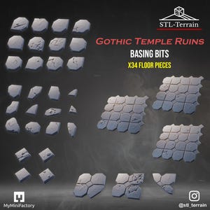 Op de afbeelding: Een verzameling van 34 grijze miniatuur vloerstukken met het label Gothic Temple Ruins Basing Bits. De set bevat diverse individuele gebarsten stenen tegels en grotere samengestelde rastersecties met verweerde texturen voor tabletop gaming.