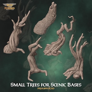 May include: A selection of small tree models, ideal for scenic bases. The trees are various shapes and sizes, with detailed bark and branch designs. The models are a natural brown colour. The text "SMALL TREES FOR SCENIC BASES" is displayed at the bottom.