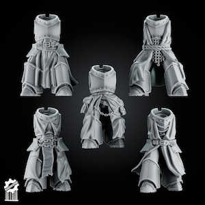 May include: Five grey miniature torso and leg assemblies for tabletop gaming figures. Each piece features detailed armour plating, fabric drapery, belts, and chains. The figures are shown from the waist down with chest armour, standing in various poses.