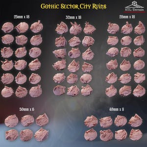 Może przedstawiać: Kolekcja okrągłych podstawek do figurek w kolorze różowo-brązowym z napisem Gothic Sector City Ruins, zawierająca teksturowane gruzy i elementy architektoniczne. Zestaw zawiera po 18 podstawek 25mm, 32mm i 28mm, 8 podstawek 40mm oraz 6 podstawek 50mm.