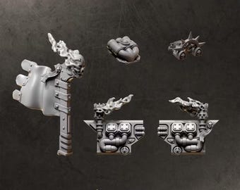 May include: A set of grey resin miniature motorbike decoration parts including a flag with a skull topper, engine components, and a spiked wheel hub. The text MOTORBIKE DECORATION and GREYTIDE STUDIO is visible on the dark background of the image.