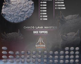 May include: A collection of grey, circular and oval base toppers featuring a textured, cracked lava waste surface with jagged rock formations. The image displays the text Chaos Lava Wastes Base Toppers, Spire Forged, and a list of quantities and sizes in millimeters.