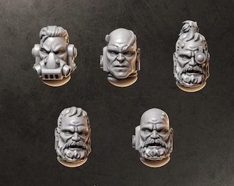 May include: Five grey miniature heads labeled HEADS 1 and GREYTIDE STUDIO. The set includes one head with a respirator mask, one bald head, one head with a topknot and monocle, and two bearded heads with various facial expressions and cybernetic details.