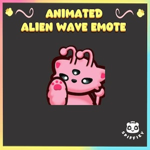May include: A digital graphic featuring a pink alien character with three eyes and two antennae, waving with a paw. The text reads ANIMATED ALIEN WAVE EMOTE at the top, with a small panda logo in the corner on a dark gray background.