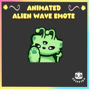 May include: An animated alien wave emote featuring a light green creature with three eyes and two antennae on its head. The creature is waving with a paw raised. The text ANIMATED ALIEN WAVE EMOTE is displayed at the top, and a small panda logo is at the bottom.