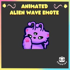 May include: A digital graphic featuring a purple alien character with three eyes and two antennae, waving with a paw. The text reads ANIMATED ALIEN WAVE EMOTE at the top, with a small panda logo in the bottom right corner on a dark gray background.