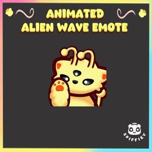 May include: A digital graphic featuring a light yellow, three-eyed alien character with antennae waving its paw. The text reads ANIMATED ALIEN WAVE EMOTE at the top, with a small panda logo and the word SPIFFIEY in the bottom right corner.