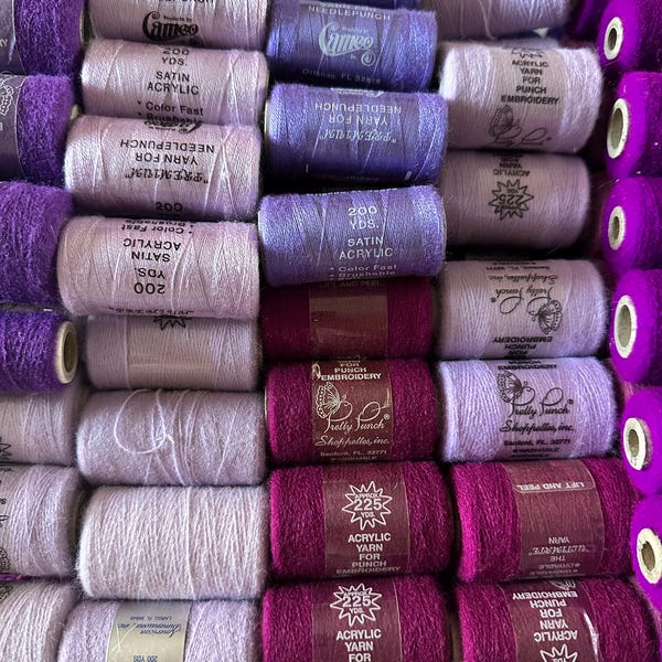 Vintage Acrylic Yarn for Punch Embroidery, Purple/Dark Red Craft Thread