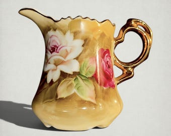Lefton Heritage Brown Roses Creamer #1867, Hand Painted Pitcher Gold,Tea Serve