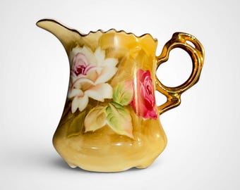 Lefton Heritage Brown Roses Creamer #1867, Hand Painted Pitcher Gold,Tea Serve