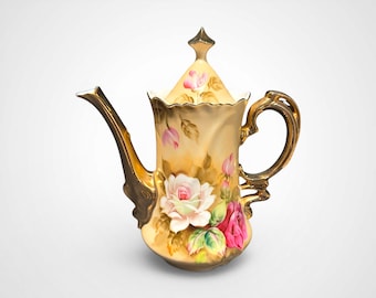 Lefton China Heritage Brown Coffee Pot / Teapot, Hand Painted Roses, Gold #1866