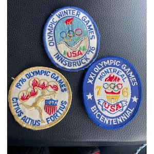 Lote de 3 parches vintage de los Juegos Olímpicos de EE. UU. de 1976, Innsbruck, Montreal, Bicentenario, para coser.
