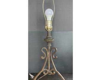 Vintage Antiqued Bronze Scroll Metal Table Lamp Base Tripod French Country Style
