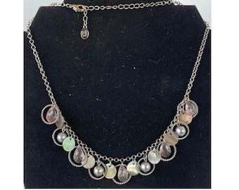 Vintage Cookie Lee Mother of Pearl Pink Bead Charm Necklace Silver Tone 18"