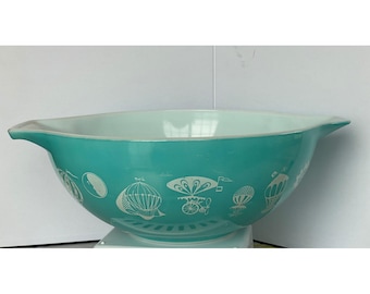 Vintage 1958 Pyrex "Balloons" #444 Cinderella Mixing Bowl - Turquoise 4 Qt Promo