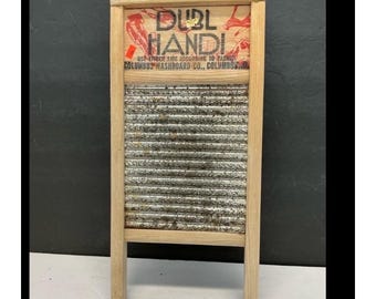 Tabla de lavar Columbus Washboard Co Dubl Handi pequeña de madera y metal, feria vintage de EE. UU.