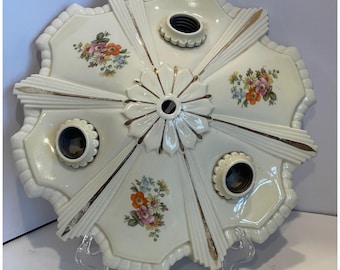Vintage Floral Ceiling Light Fixture Milk Glass Cream Gold Art Deco Good 3-Light
