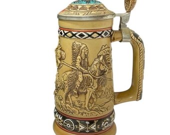 Indians of the American Frontier Beer Stein Native American Warrior Relief Lid