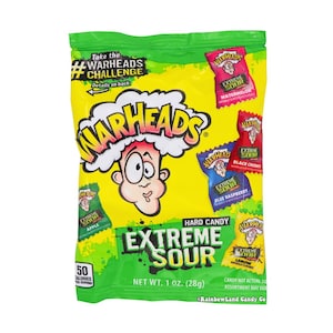 May include: A yellow and green bag of Warheads Extreme Sour hard candy. The bag features the Warheads logo, a cartoon face, and smaller bags with different flavors like watermelon, black cherry, and blue raspberry. Net weight is 1 oz (28g).