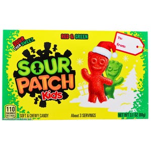 May include: A box of Sour Patch Kids candy with a festive design. The box features a red candy character wearing a Santa hat and a green candy character. The text "SOUR PATCH Kids" is prominently displayed, along with "RED & GREEN". The box contains 3.1 oz (88g) of soft and chewy candy.