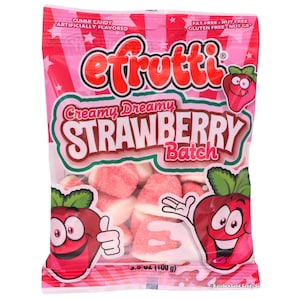 May include: A pink bag of efrutti gummy candy with the words "Creamy Dreamy STRAWBERRY Batch". The bag features cartoon strawberries and the text "3.5 oz (100 g)". The candy pieces are pink and white.