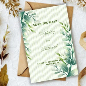 Zielony pasek Minimalistyczne zaproszenie ślubne STD Botanic Save the Date Edytowalny Canva
