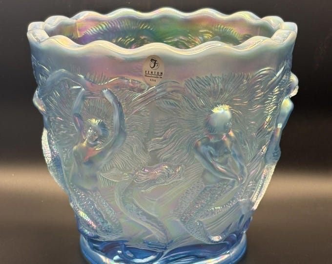 Fenton Mermaid Light Blue Opalescent Ice Bucket Vase/ Signed By  Don Fenton