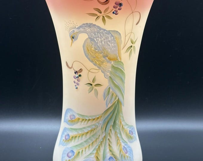 Fenton Glass Burmese  Regal Peacock Hand Painted Vase