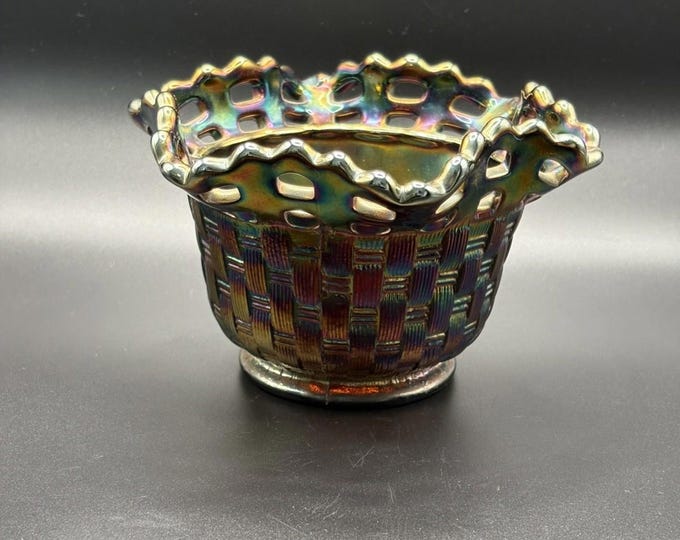 Fenton Amethyst Carnival Glass Basket Weave Lattice Edge Bowl