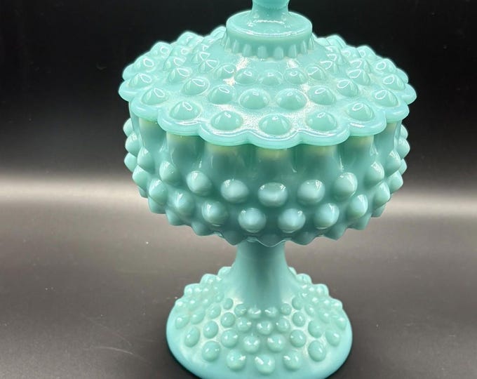 Fenton  Turquoise Hobnail Milk Glass Compote Footed Candy Dish W/Lid