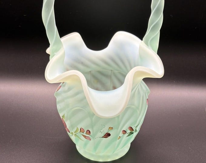 Fenton Satin Green Hand Painted Handled Art Glass Basket