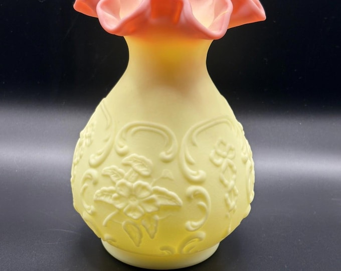 Fenton for LeVay Burmese Glass Ruffle Vase Wild Roses and Bowknot