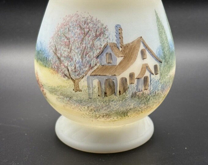 Fenton Glass Vase White Satin HP Country Cottage Scene House  D. Frederick