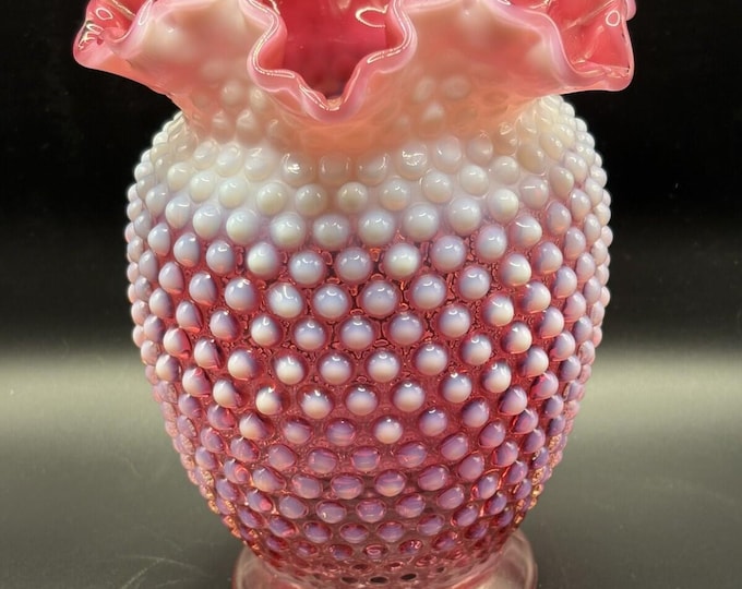 Fenton Cranberry Opalescent Glass Hobnail  Vase