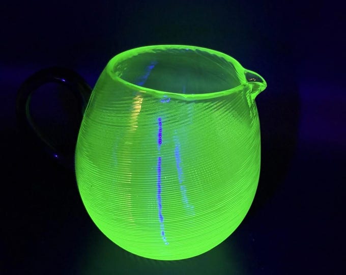 Steuben Glass Green Threaded w/ Black Handle Uranium Pitcher