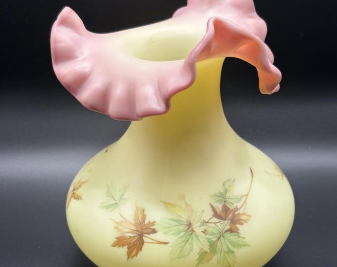 Fenton Autumn Leaves Burmese Glass Vase Ruffled Rim
