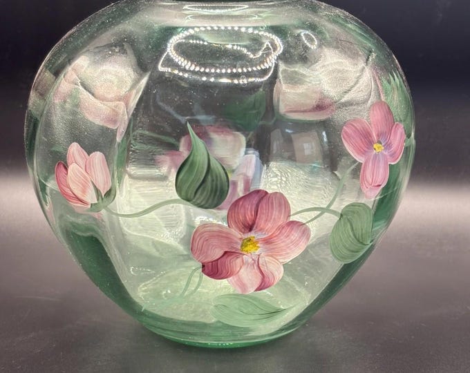 Fenton Glass  Teal Green Hand Painted Vase. Signed M Wagner