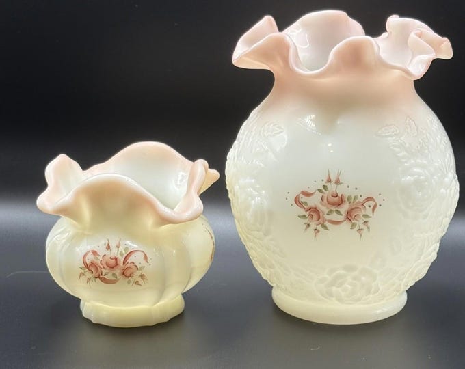 Fenton Antique Rose Pink Roses Opaline Ivory Ruffled Vase/Small Ruffled Vase Set